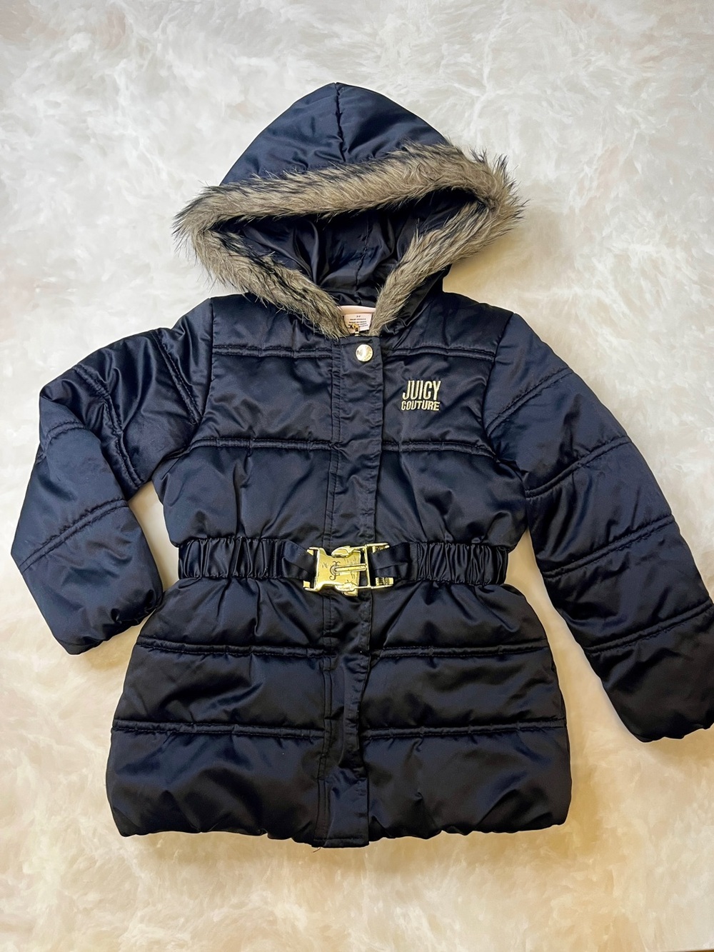 Juicy Couture Girls' Black Hooded Puffer Coat with Faux Fur Trim